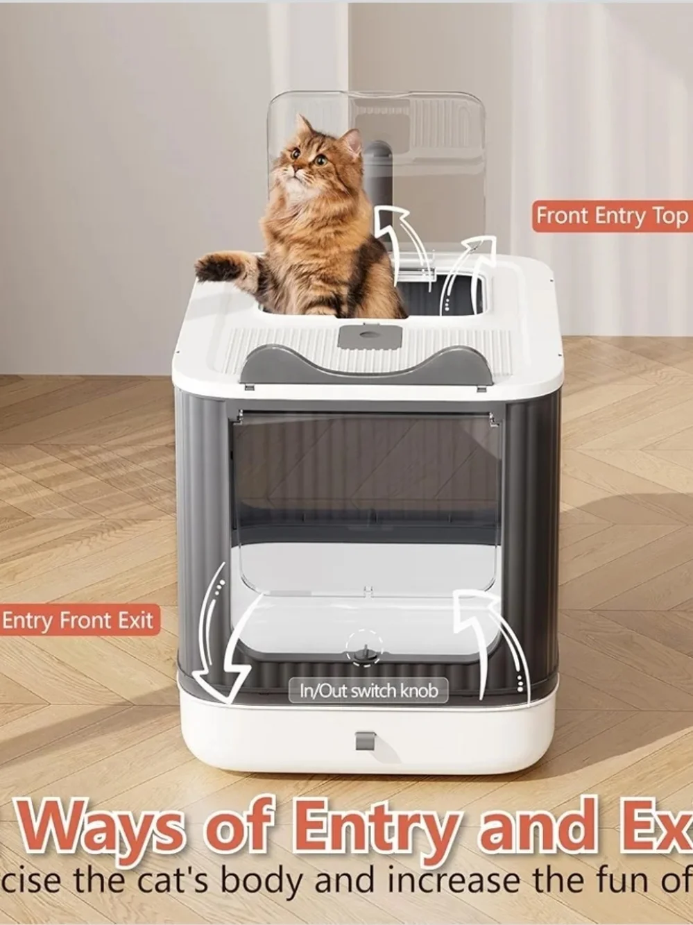 Covered Cat Litter Box Enclosure w/ Lid Drawer Scoop Top Exit White Gray